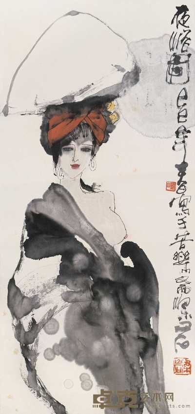 梁岩 1989年作 夜浴图 镜心 94×43.5cm